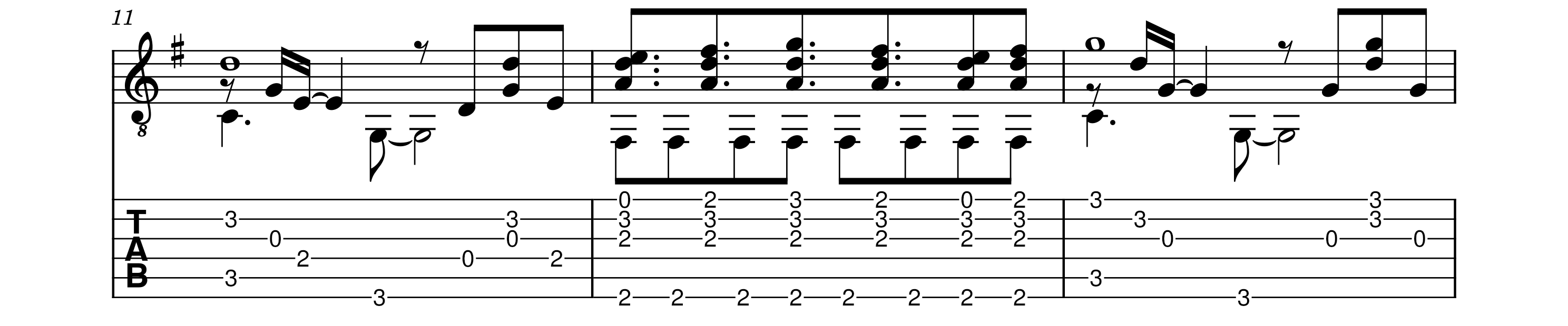 From the chorus: the syncopated melody and the more straightforward baseline dance around each other.